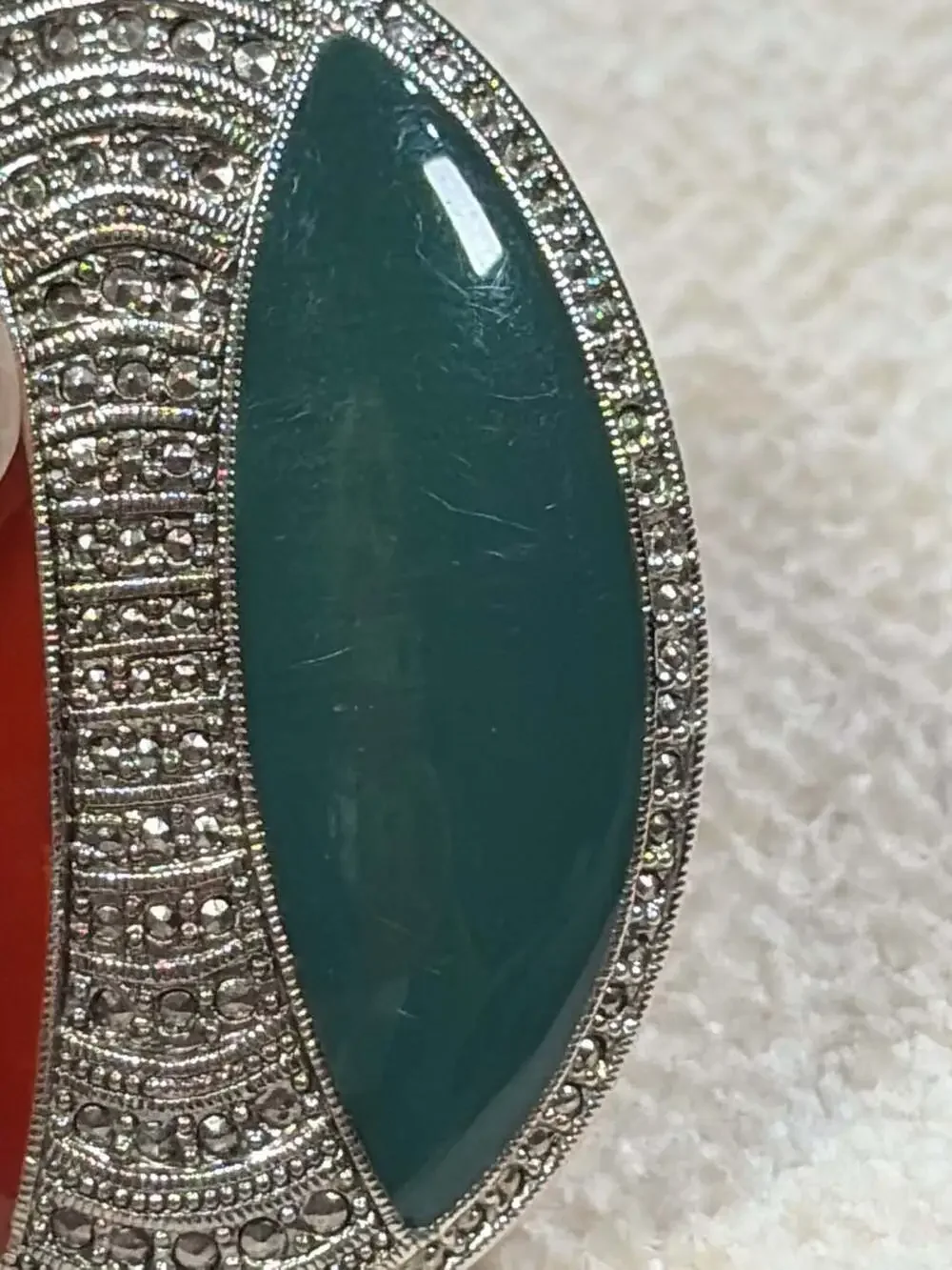 Art Deco Style Sterling Silver Marcasite Green Agate Red Carnelian Oval Brooch
